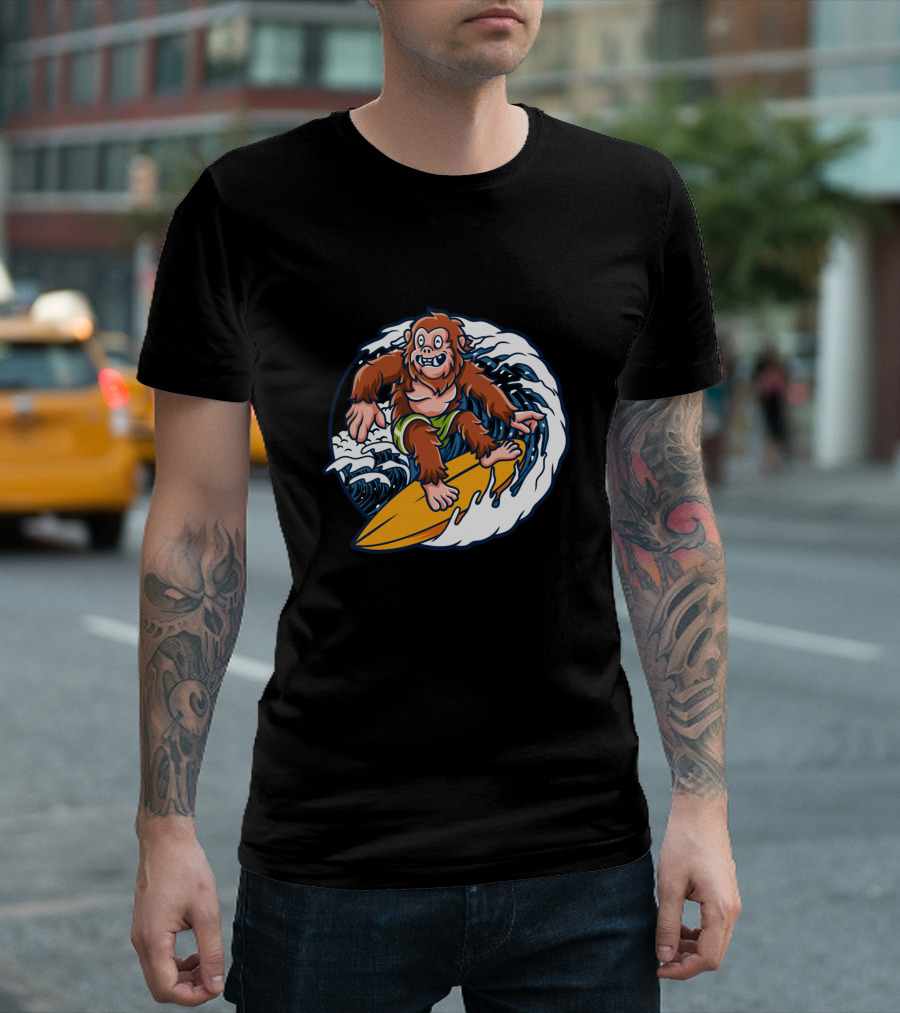 Saquatch Surfing Monster Riding Waves T-Shirt