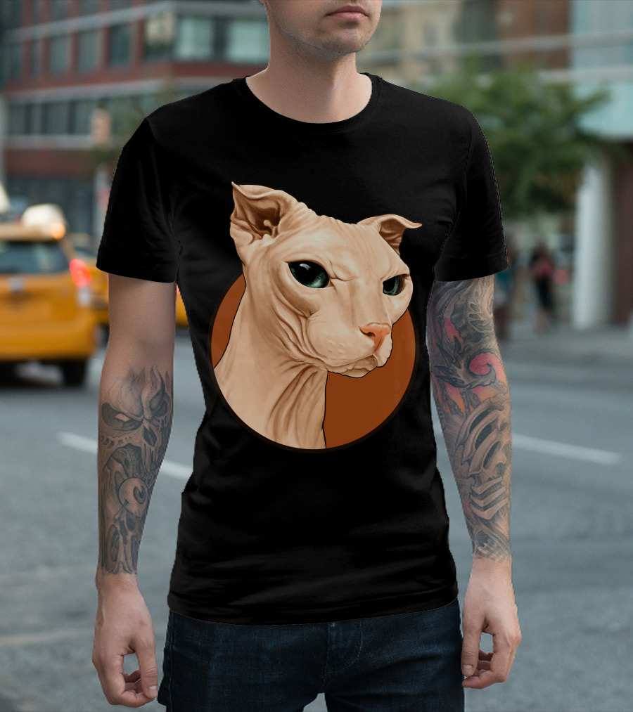 Sphynx Cat Portrait with Bold Orange Circle T-Shirt
