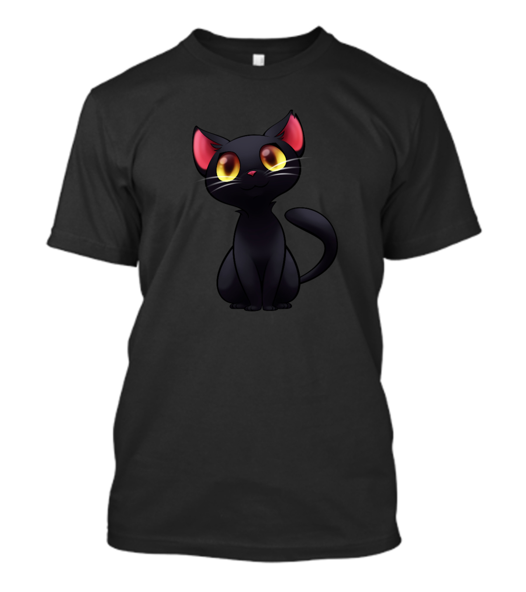 Sweet Black Cat Cute Anime Style Yellow Eyes Pink Ears T-Shirt