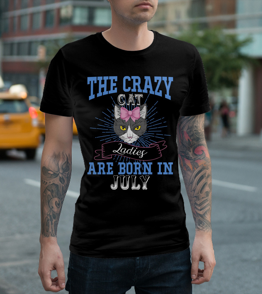 The Crazy Cat Ladies Are Born In July Cat with Pink Bow and Starburst T-Shirt