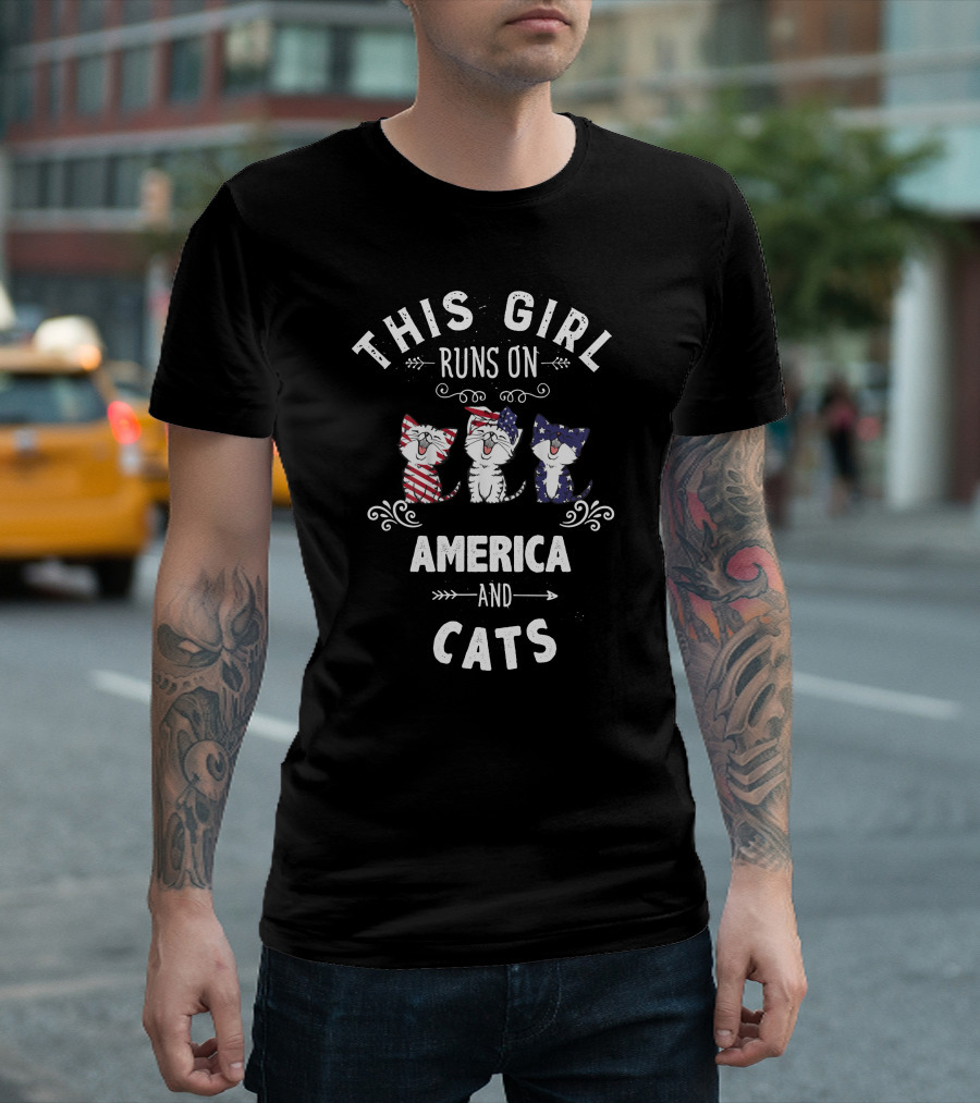 This Girl Runs On America And Cats American Flag Patriotic 4th Of July Cats In American Flag T-Shirt