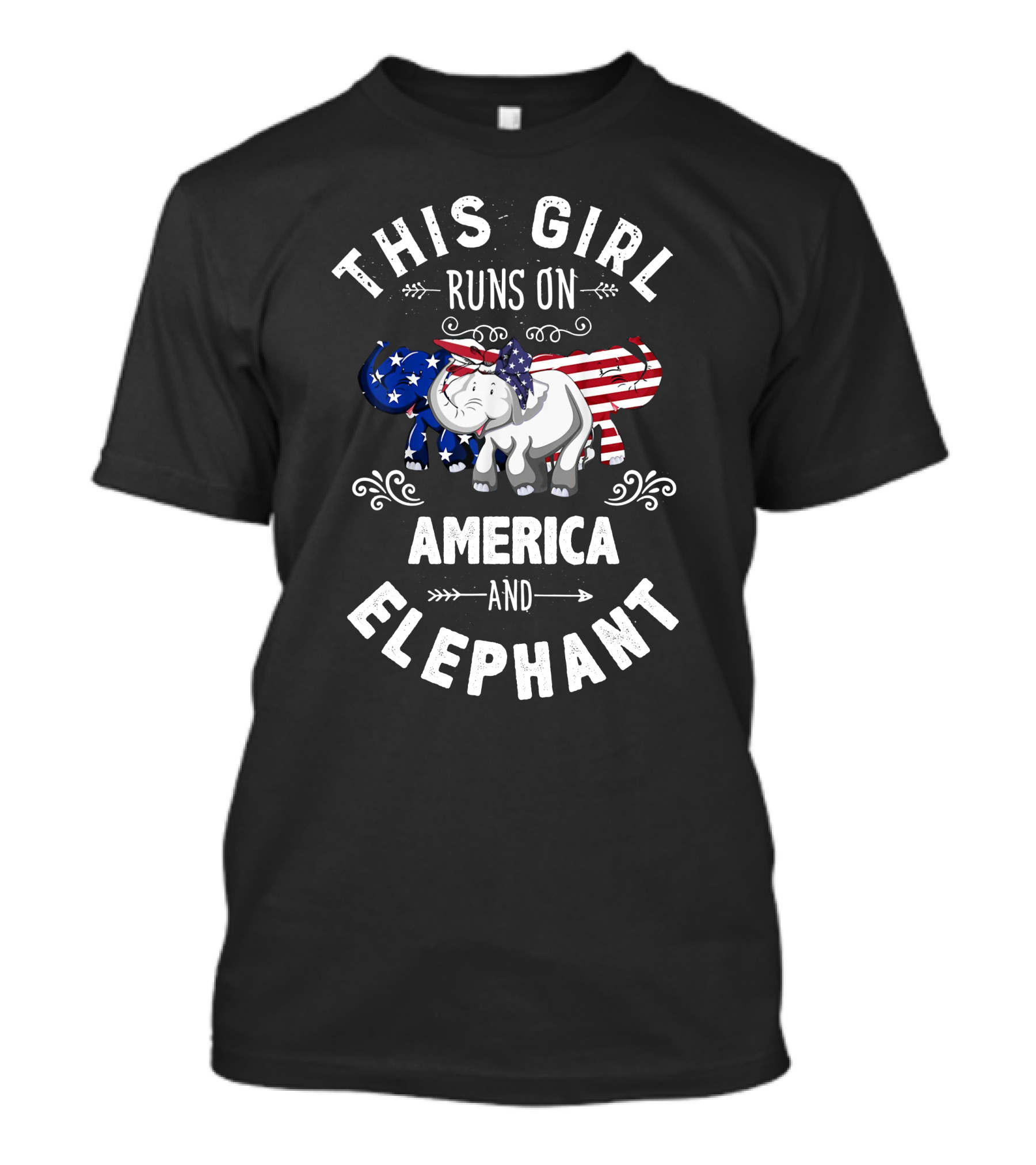 THIS GIRL RUNS ON AMERICA AND ELEPHANT AMERICAN FLAG PATRIOTIC T-Shirt
