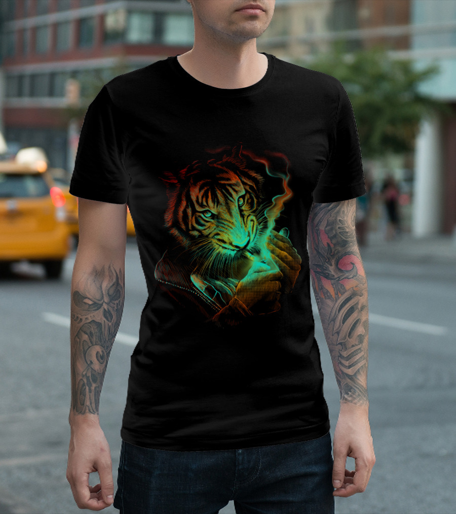 Tiger With Neon Light Aura Smoking T-Shirt
