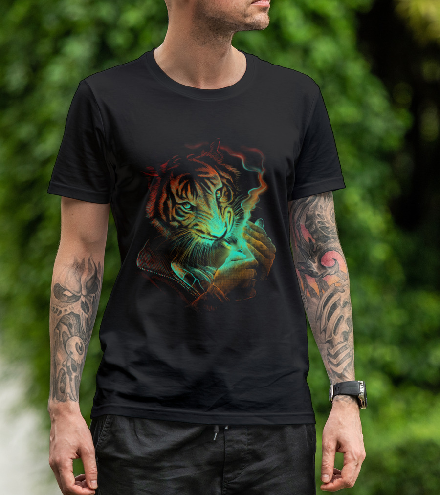 Tiger With Neon Light Aura Smoking T-Shirt