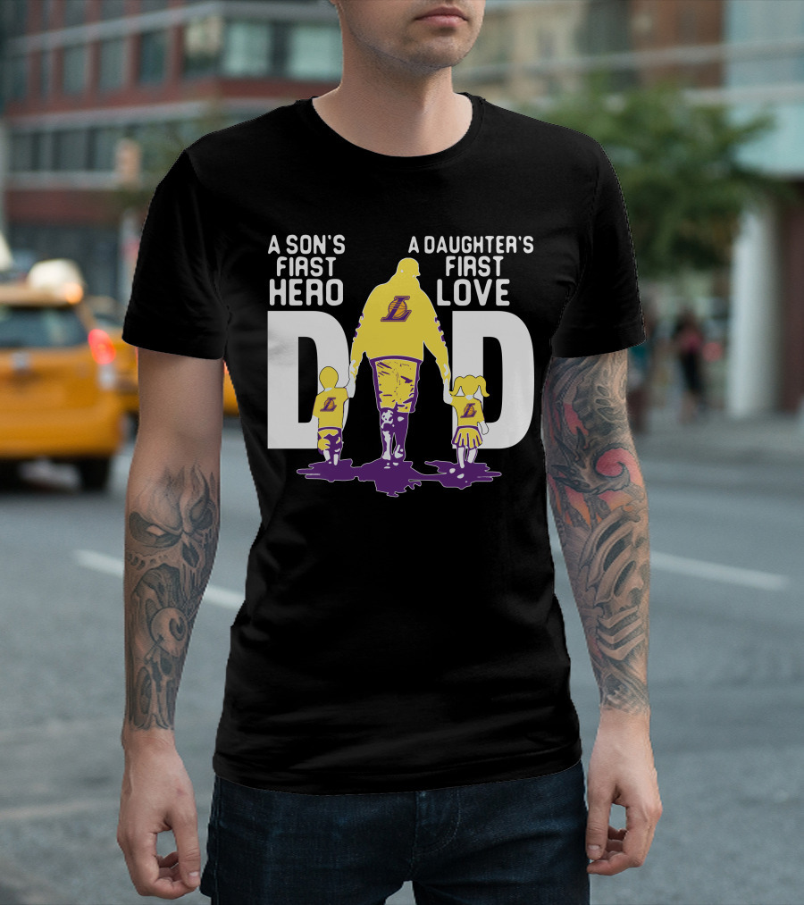 A Son's First Hero A Daughter's First Love Dad Gold And Purple Lakers T-Shirt