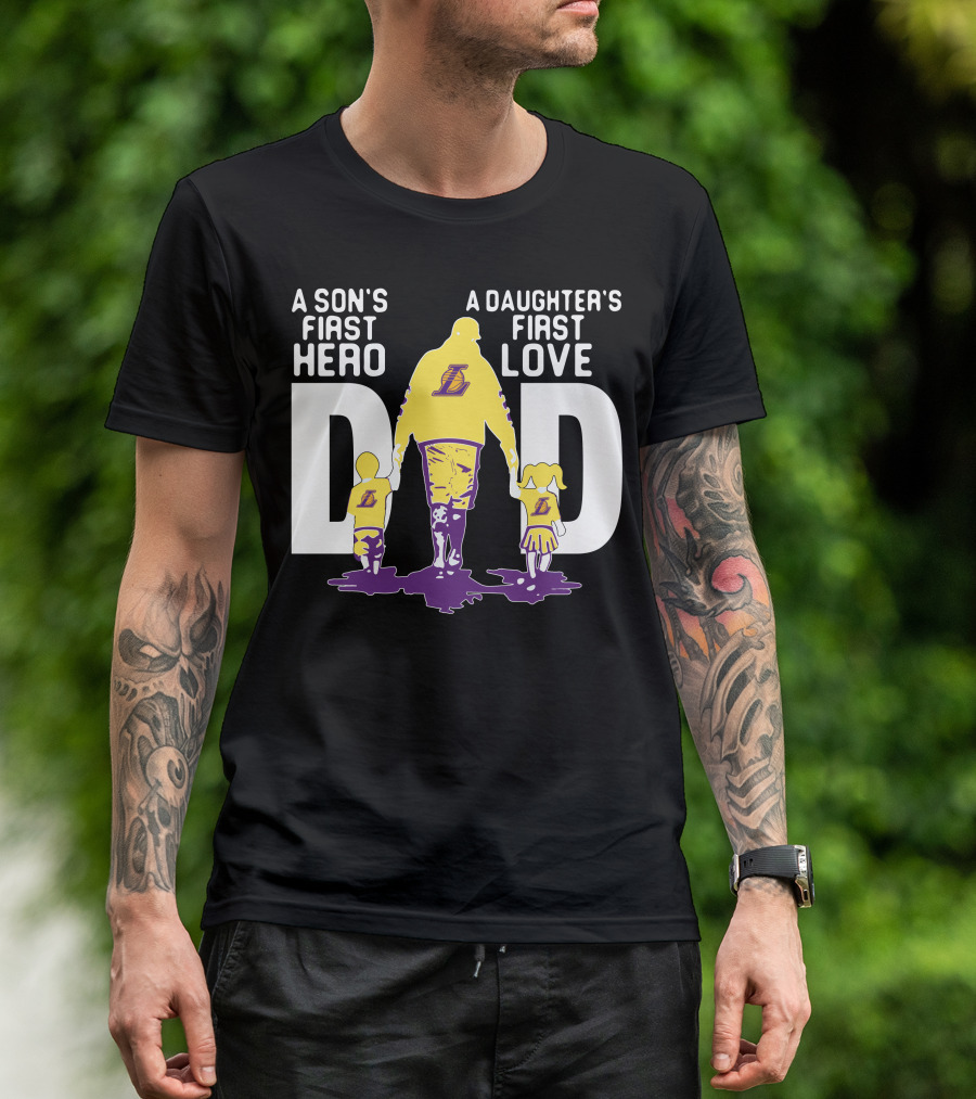 A Son's First Hero A Daughter's First Love Dad Gold And Purple Lakers T-Shirt