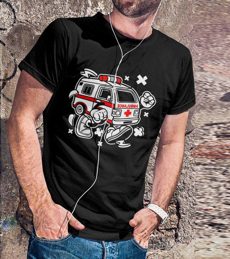 Ambulance Cartoon Character With Fists And Cross T-Shirt