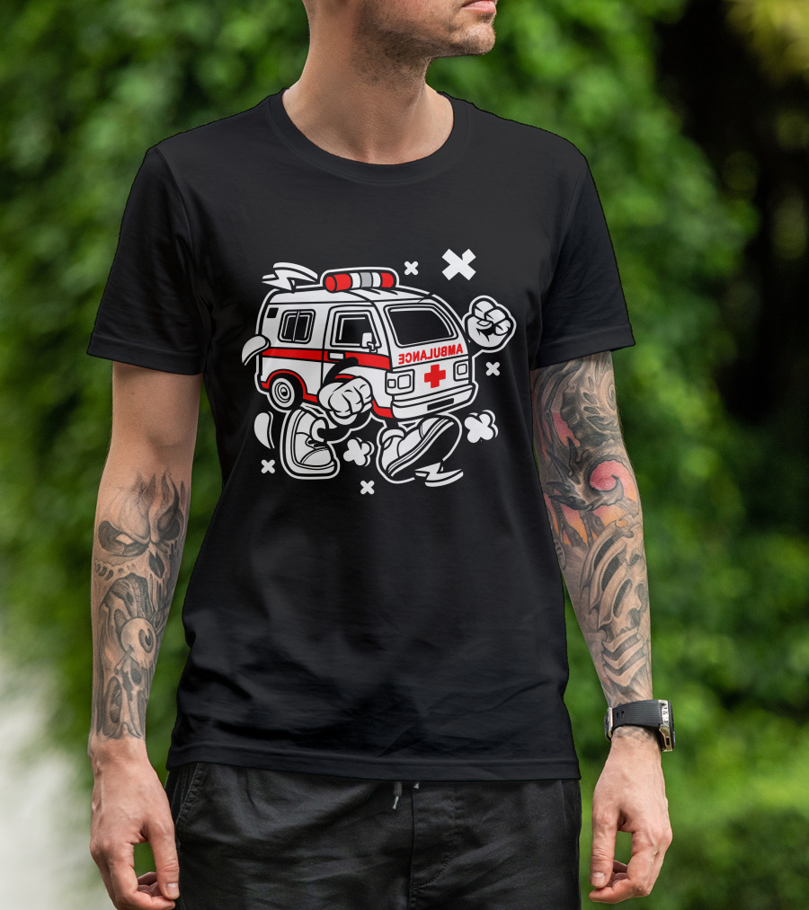 Ambulance Cartoon Character With Fists And Cross T-Shirt