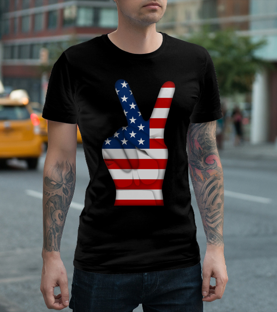 American Flag Peace Hand Gesture T-Shirt