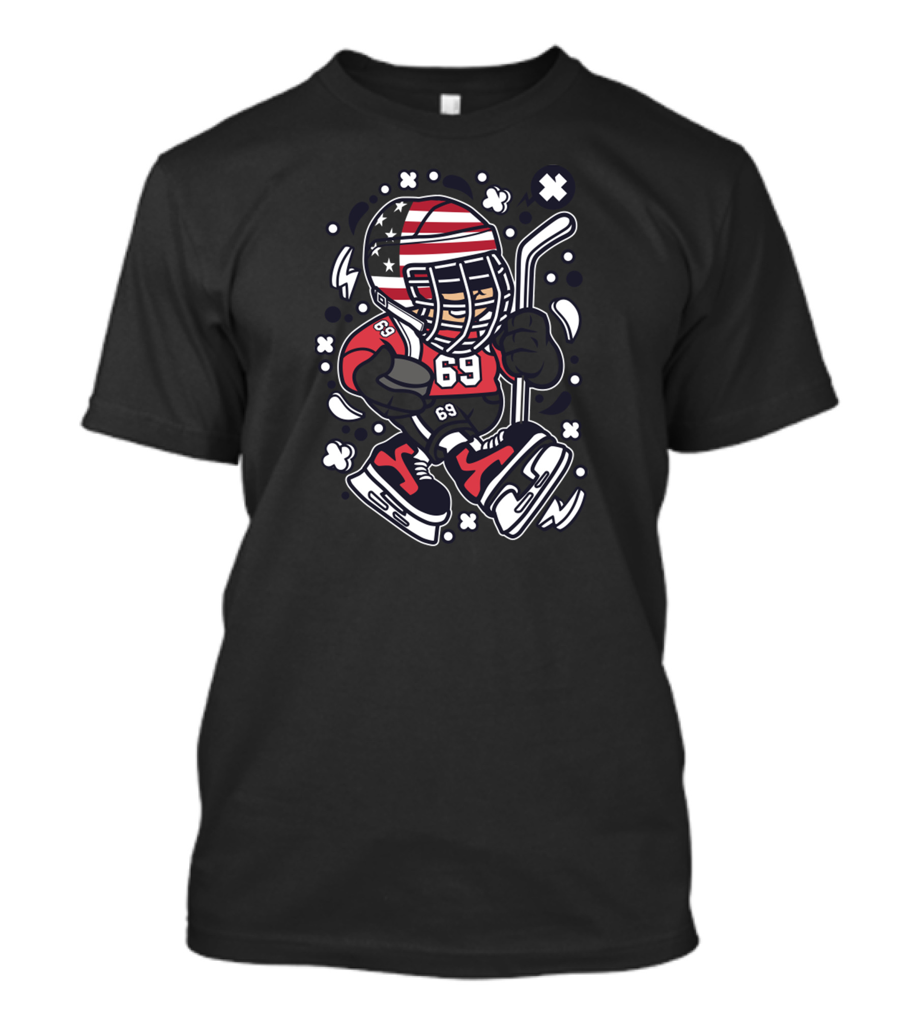USA Hockey Player Cartoon With American Flag Helmet And Number 69 T-Shirt