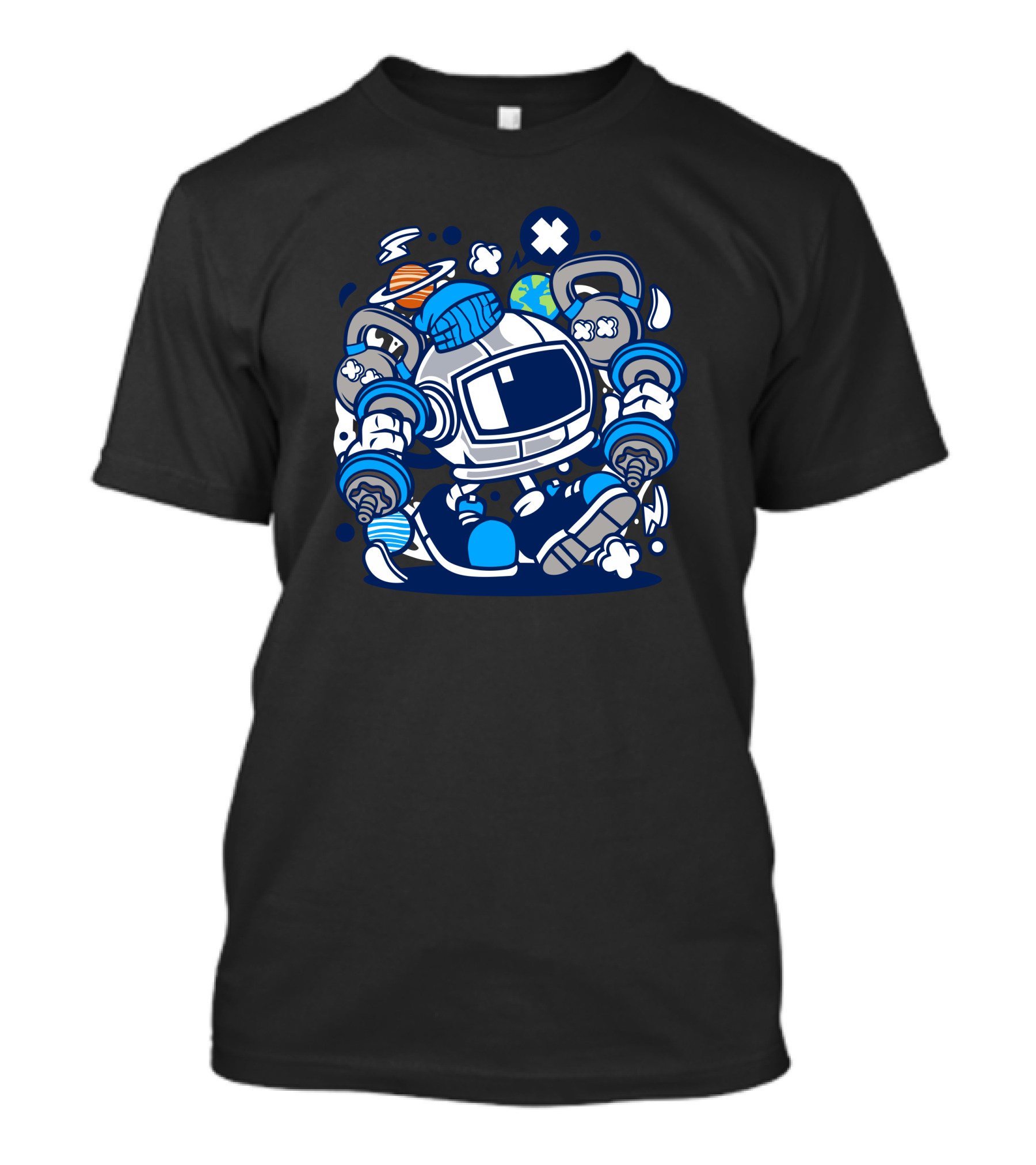 Astronaut Fitness Cosmic Workout With Dumbbells And Jump Rope Surrounded By Planets T-Shirt