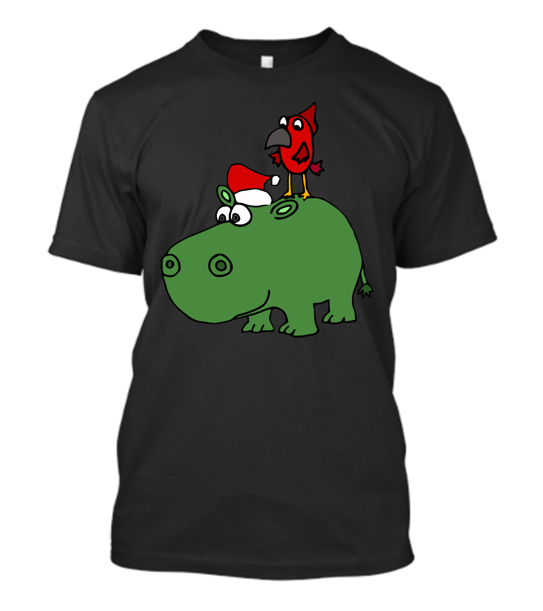 Awesome Funny Hippo With Cardinal Bird Santa Hat T-Shirt
