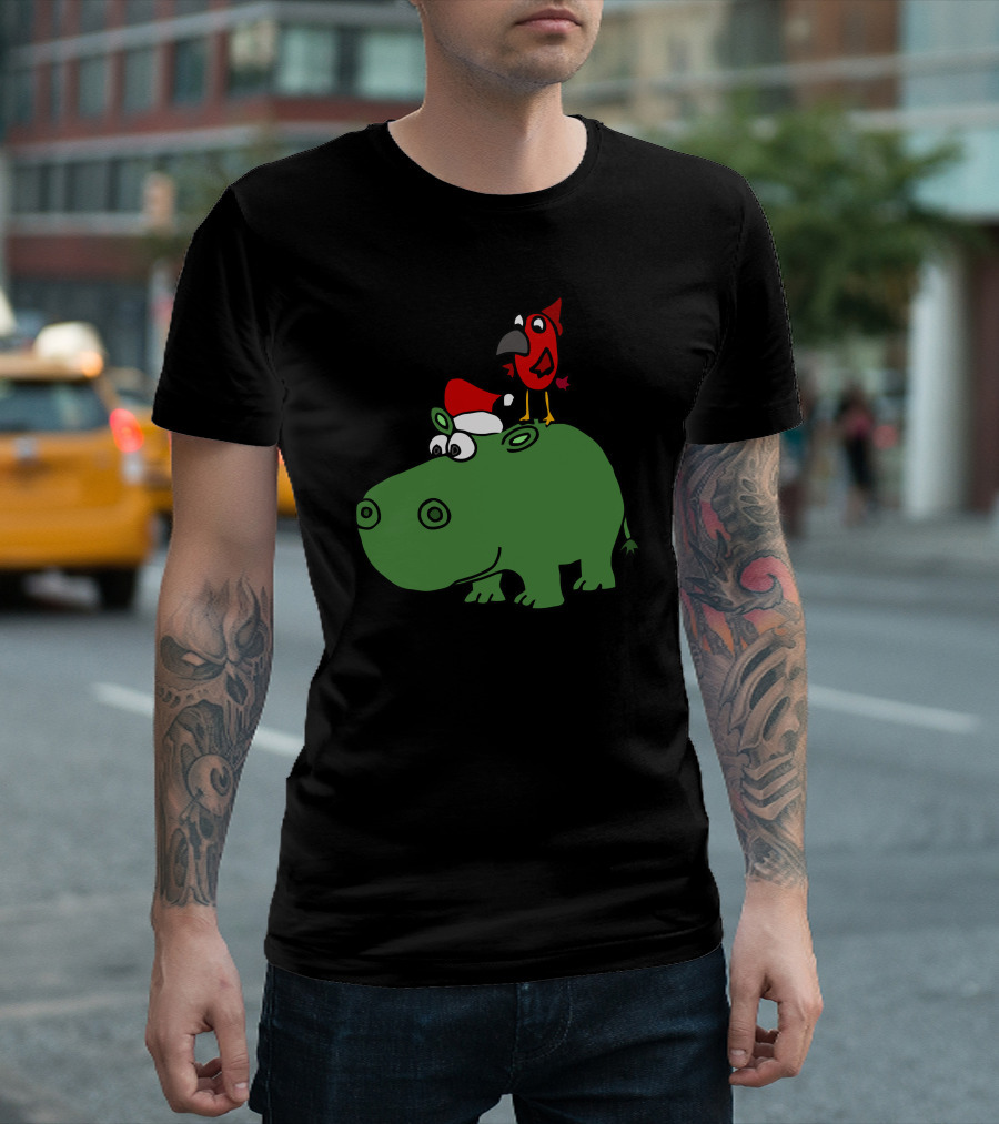 Awesome Funny Hippo With Cardinal Bird Santa Hat T-Shirt