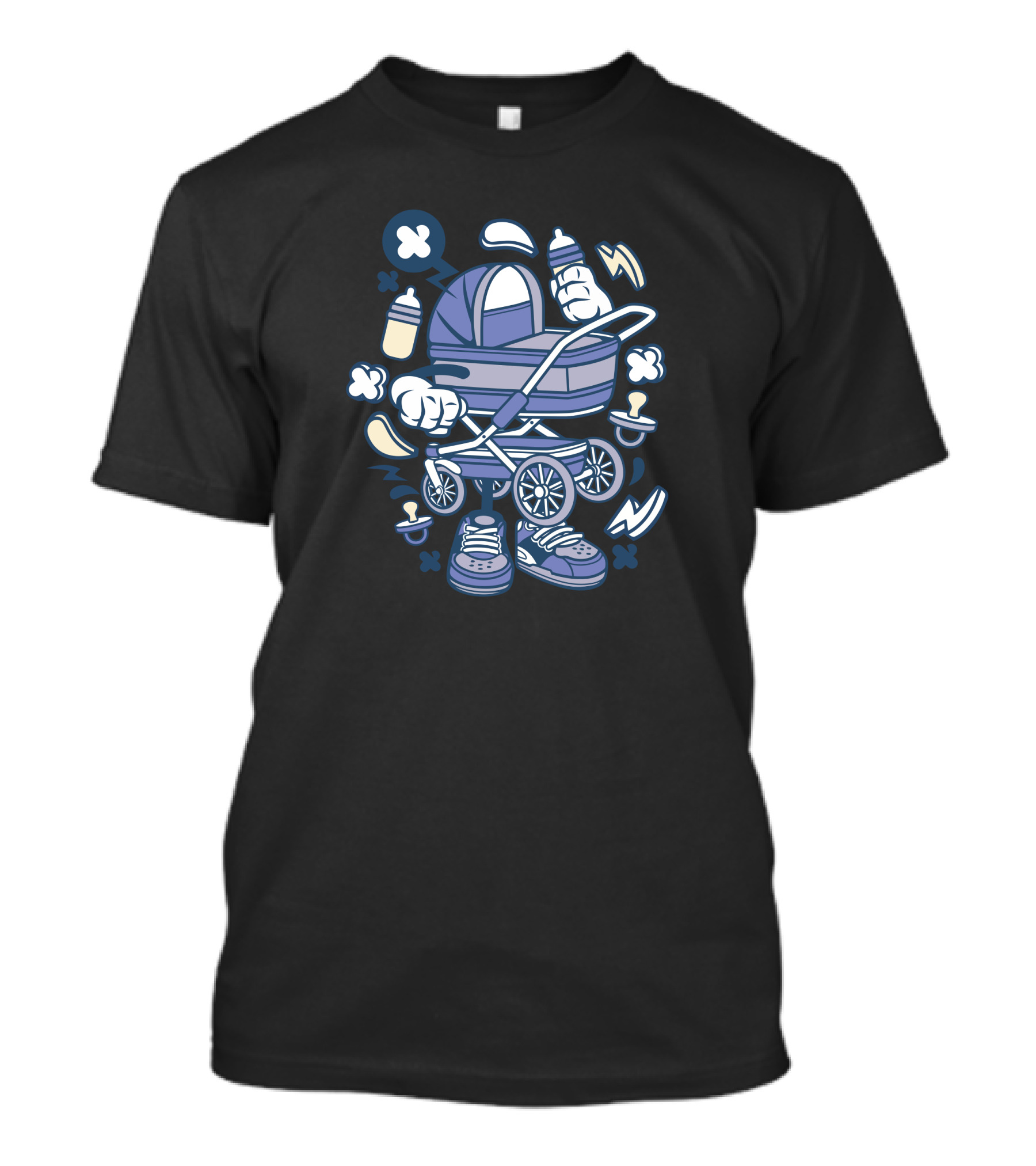 Baby Stroller With Sneakers And Bottles Surrounded By Spirals T-Shirt