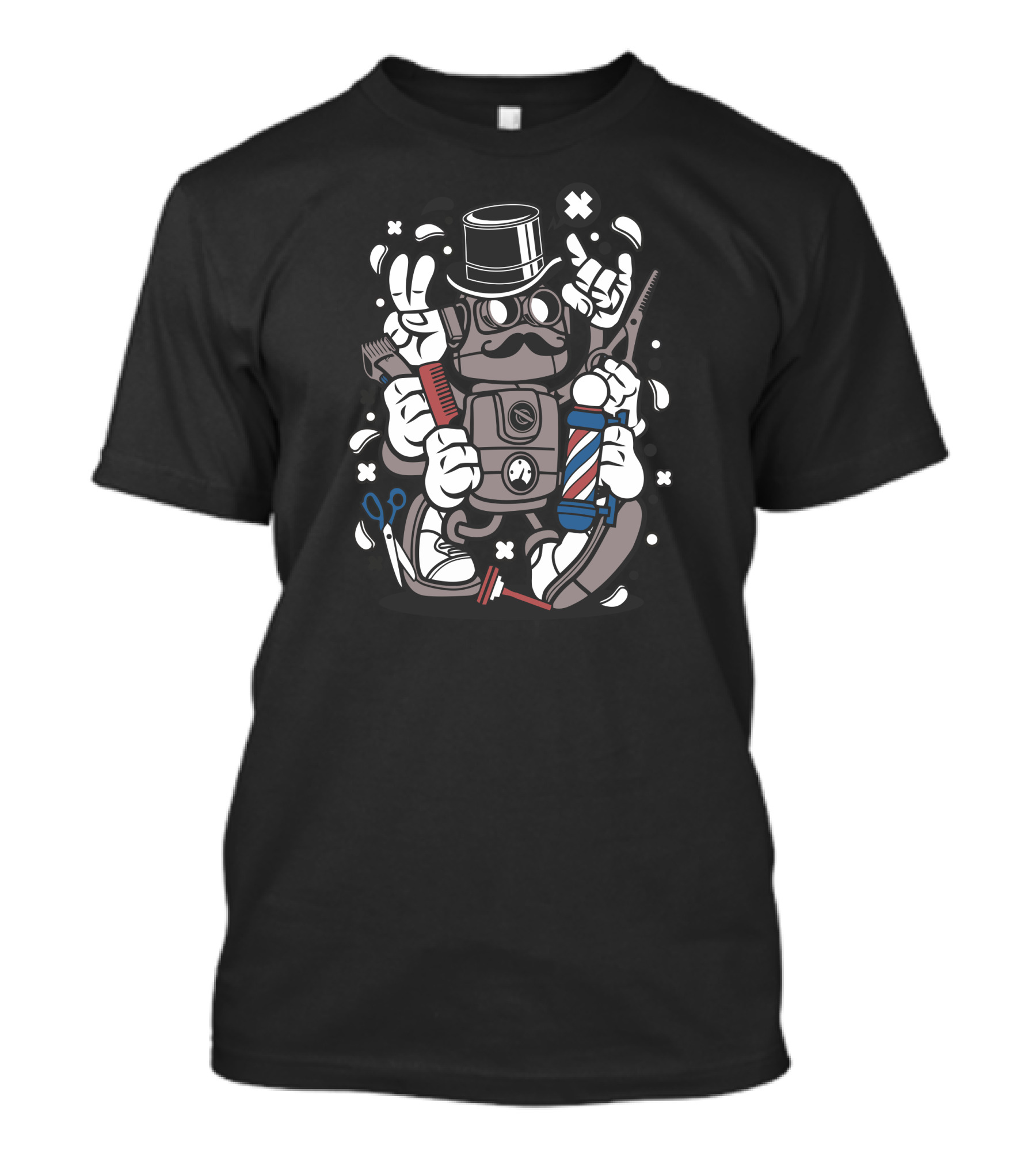 Barber Robot With Top Hat And Mustache Holding Comb And Barber Pole T-Shirt