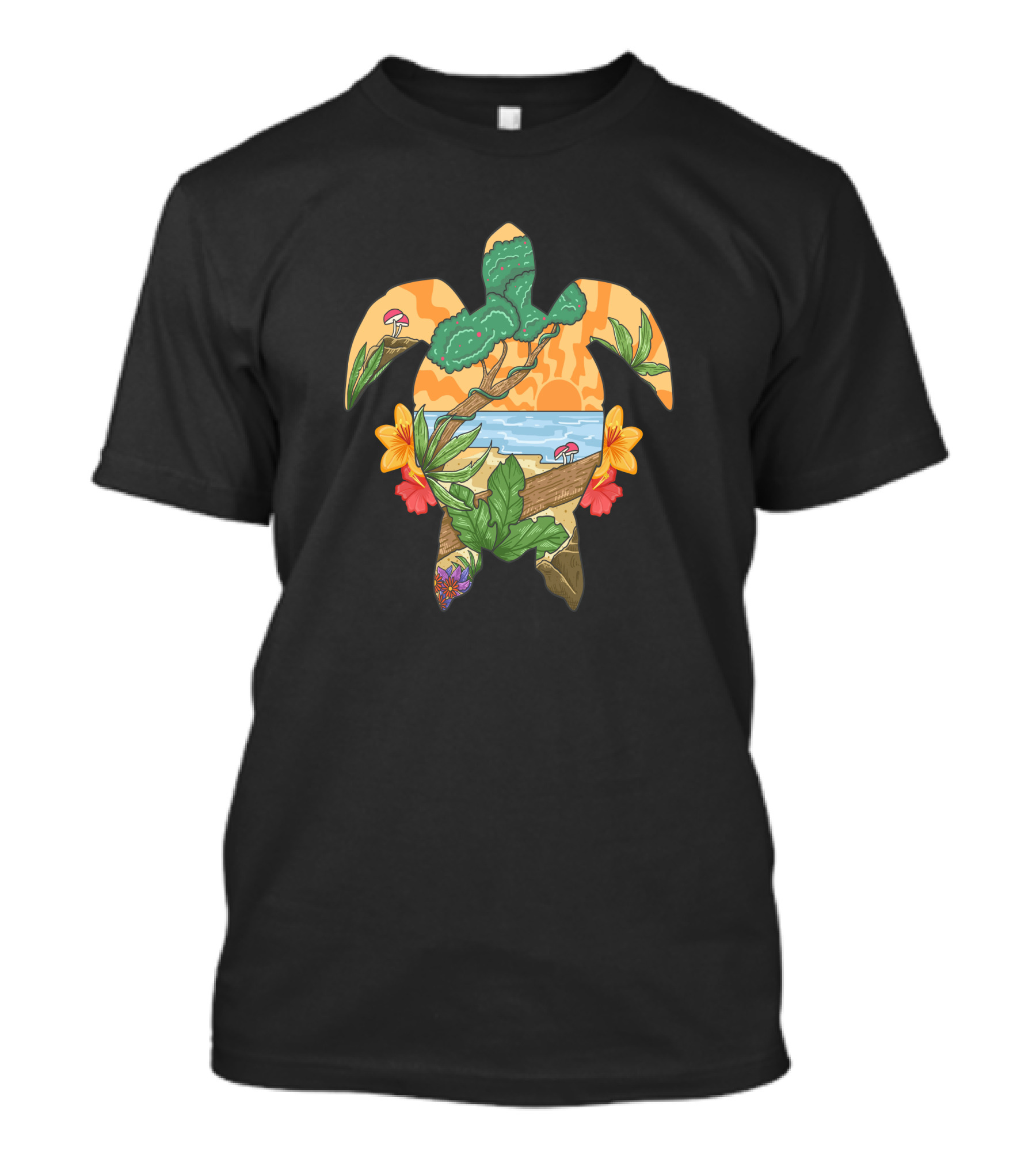 Beach Sunset Paradise Turtle With Tropical Flowers And Ocean Horizon T-Shirt
