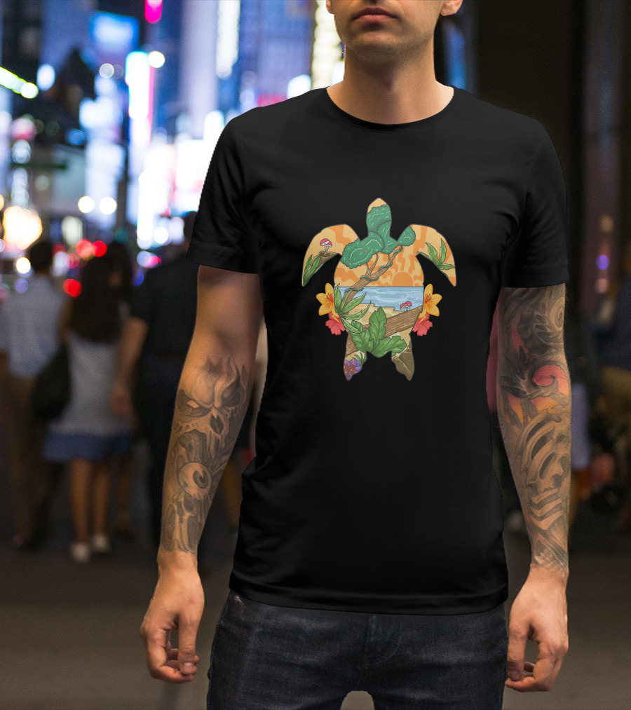 Beach Sunset Paradise Turtle With Tropical Flowers And Ocean Horizon T-Shirt