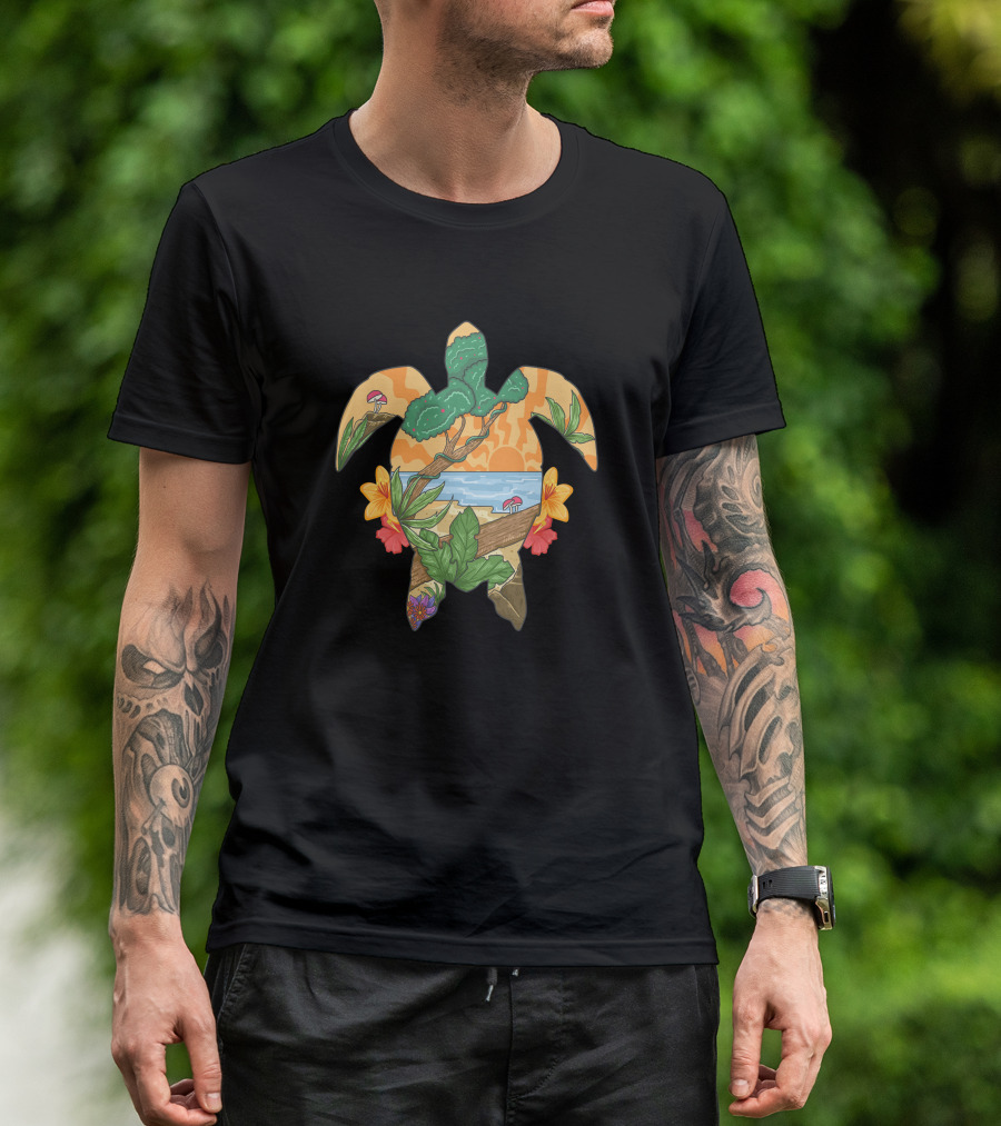 Beach Sunset Paradise Turtle With Tropical Flowers And Ocean Horizon T-Shirt