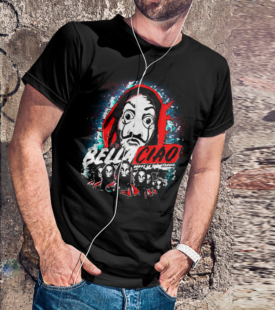 Bella Ciao Mask Art With Group Textures And Red T-Shirt