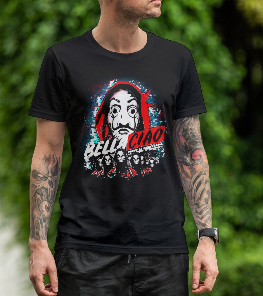 Bella Ciao Mask Art With Group Textures And Red T-Shirt