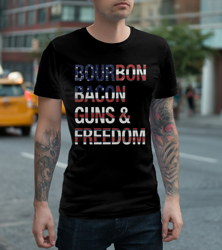 Bourbon Bacon Guns And Freedom USA Flag T-Shirt