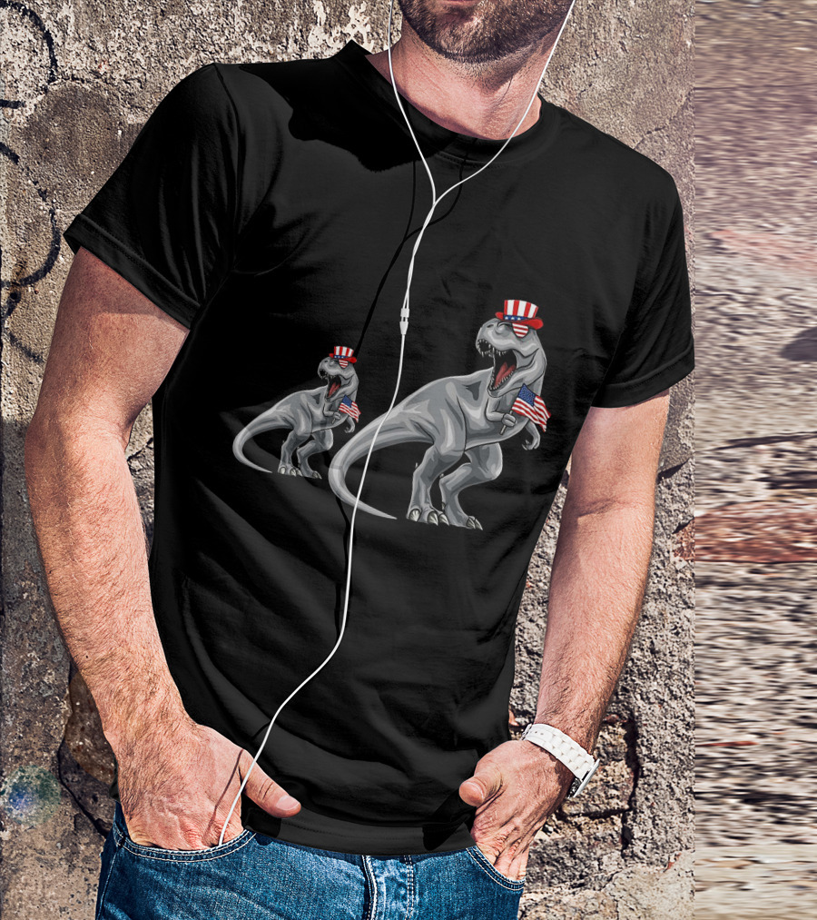 Daddy Dino Patriotic T-Rex With American Flag And Hat T-Shirt