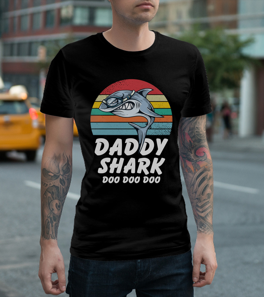 Daddy Shark Doo Doo Doo Retro Style Rainbow Background T-Shirt