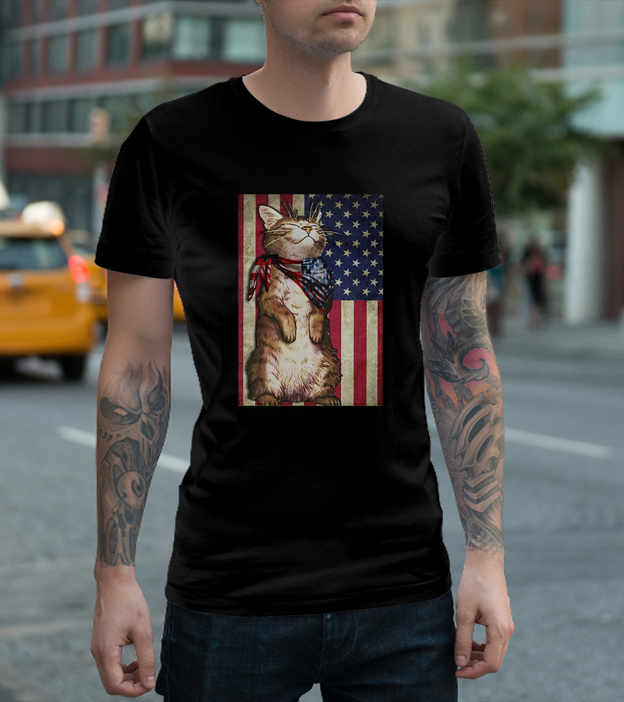 Cat With American Flag Background for Someone Who Loves Cat and the Country T-Shirt