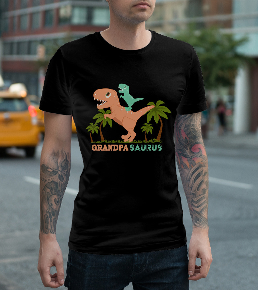Grandpa Saurus Dinosaur with Baby and Palm Trees T-Shirt