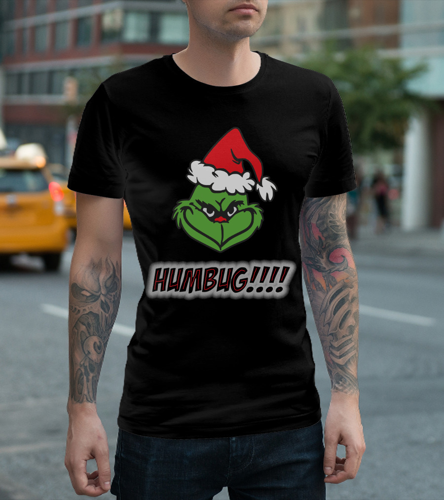 Humbug Grinch Wearing Santa Hat with HUMBUG Text T-Shirt