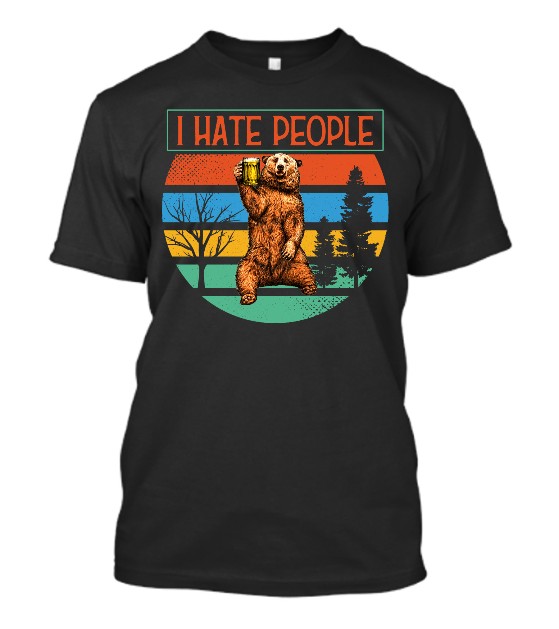 I Hate People Bear Holding Beer Retro Style Vintage Sunset T-Shirt