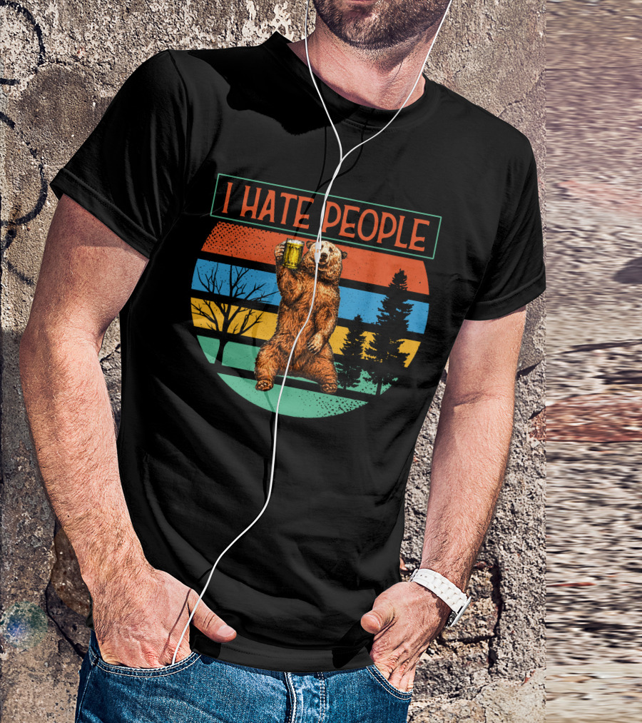 I Hate People Bear Holding Beer Retro Style Vintage Sunset T-Shirt