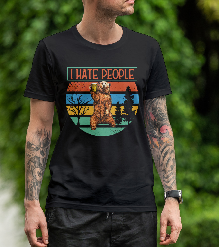 I Hate People Bear Holding Beer Retro Style Vintage Sunset T-Shirt
