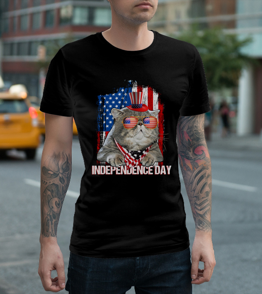 Independence Day Cat Patriotic American Flag Sunglasses Hat T-Shirt