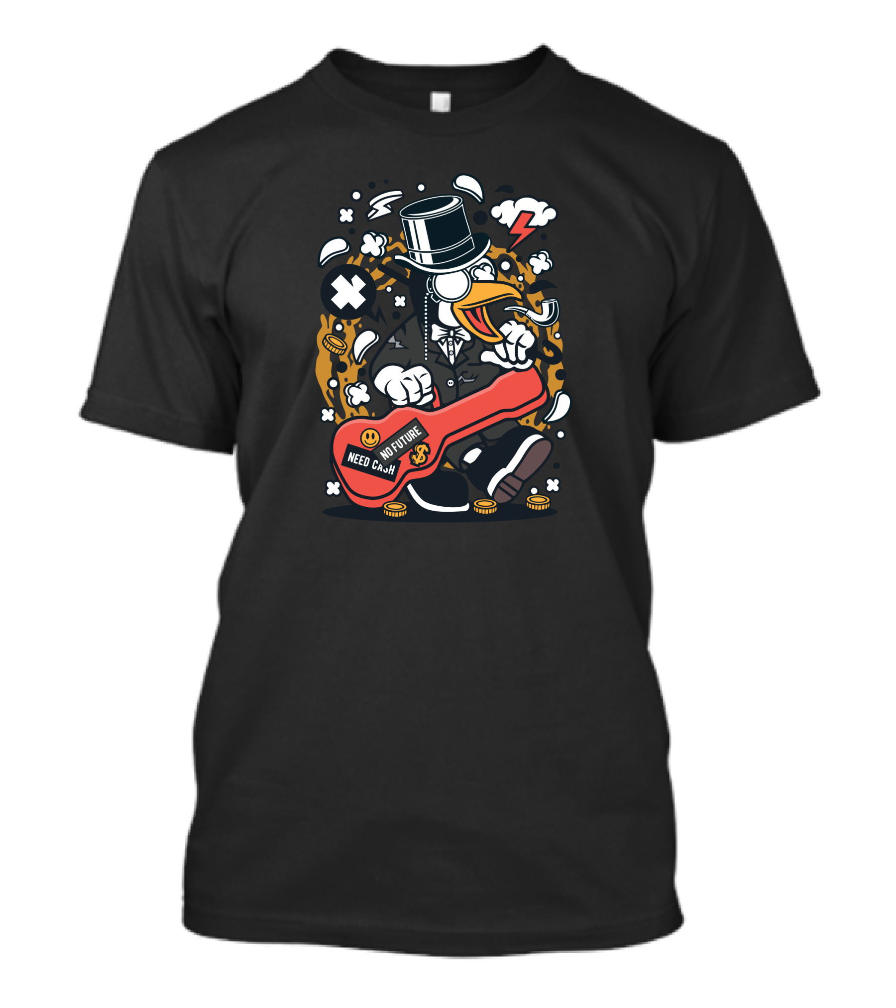 Penguin In Top Hat With Guitar Case No Future Need Cash T-Shirt