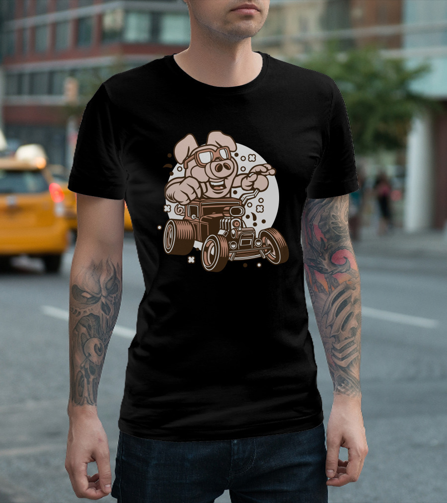 Pig Driving Vintage Hotrod Car Racing Adventure T-Shirt