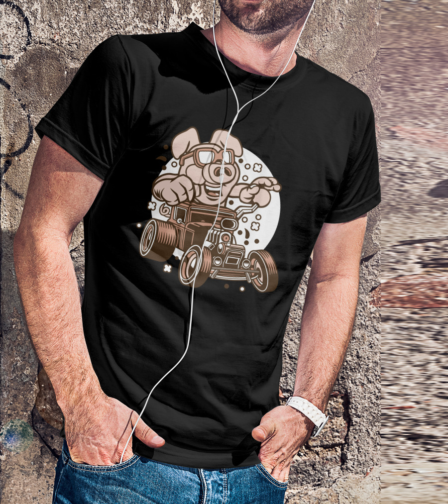 Pig Driving Vintage Hotrod Car Racing Adventure T-Shirt