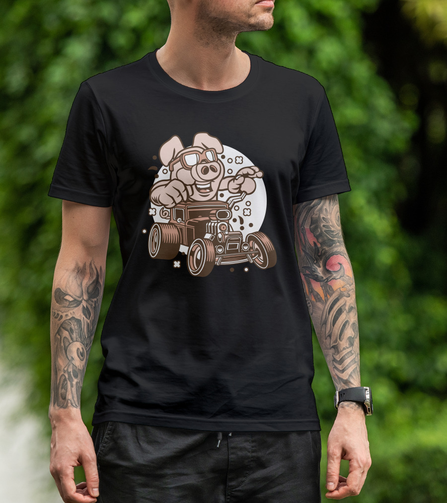 Pig Driving Vintage Hotrod Car Racing Adventure T-Shirt