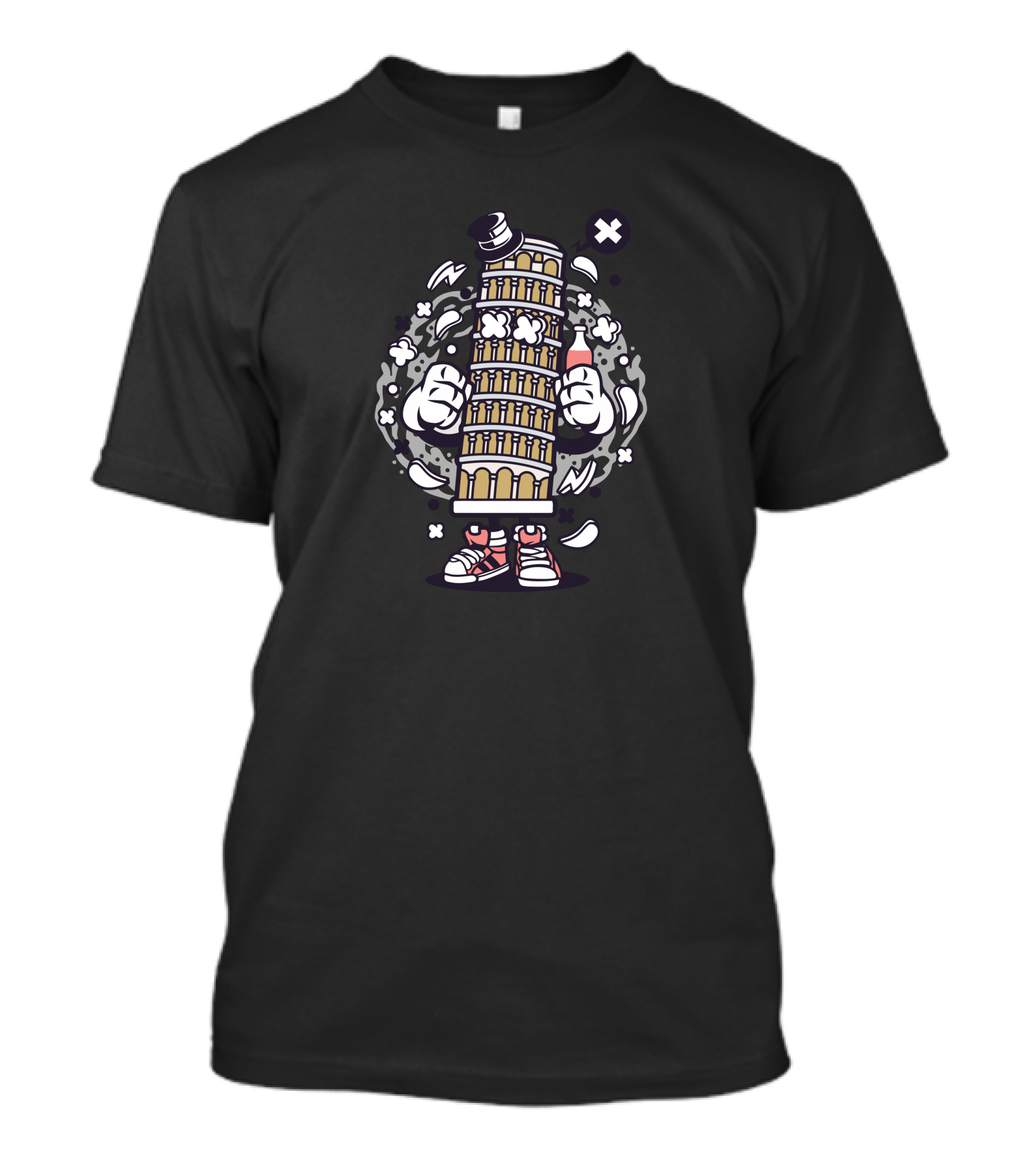 Pisa Tower Cartoon Character With Sneakers And Bottle T-Shirt