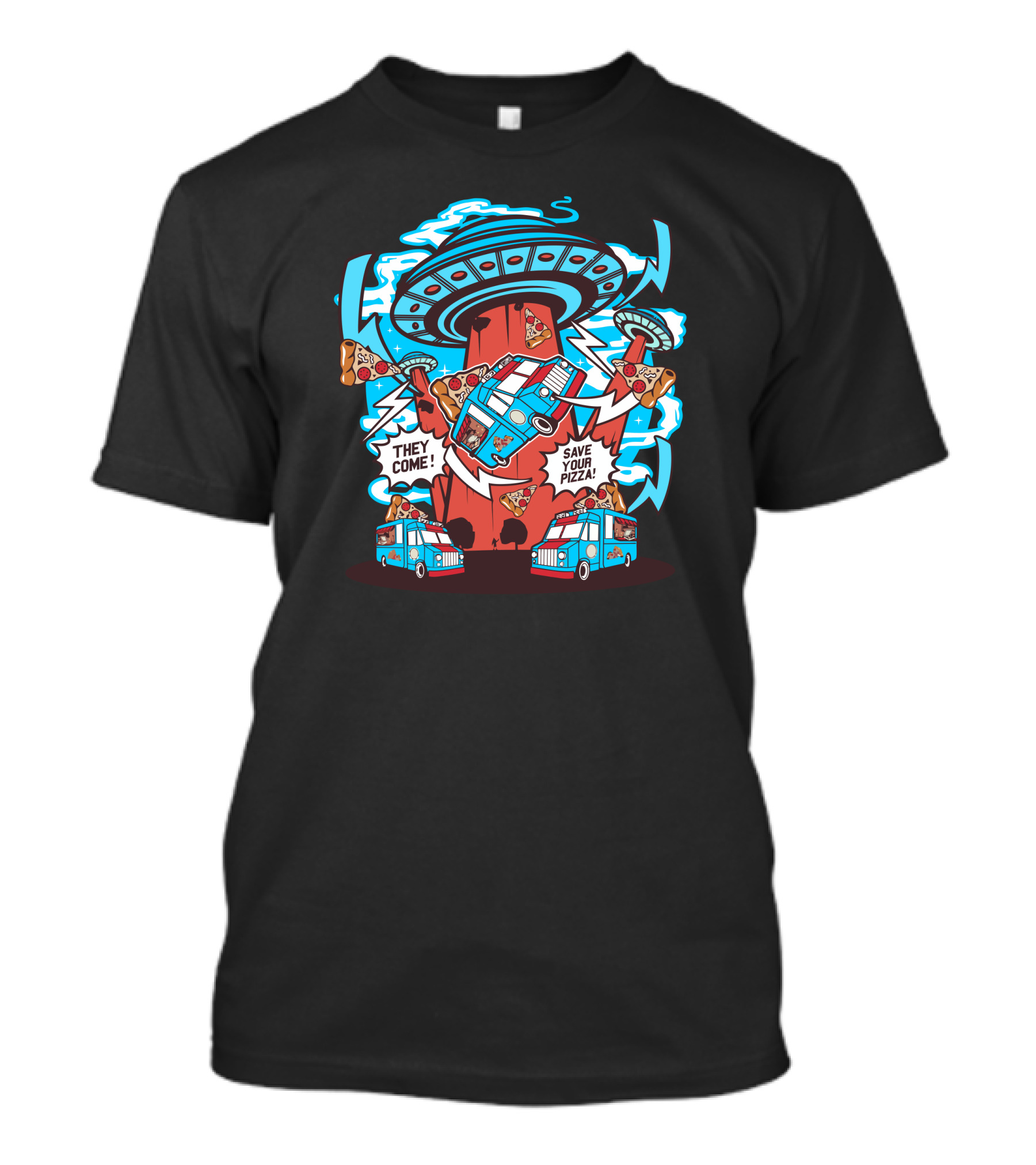 They Come Save Your Pizza Alien UFO Abduction Scene T-Shirt
