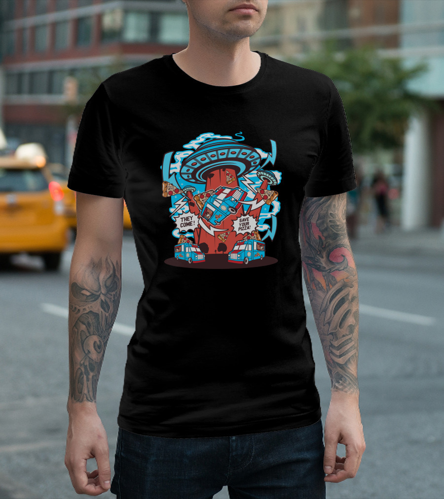 They Come Save Your Pizza Alien UFO Abduction Scene T-Shirt