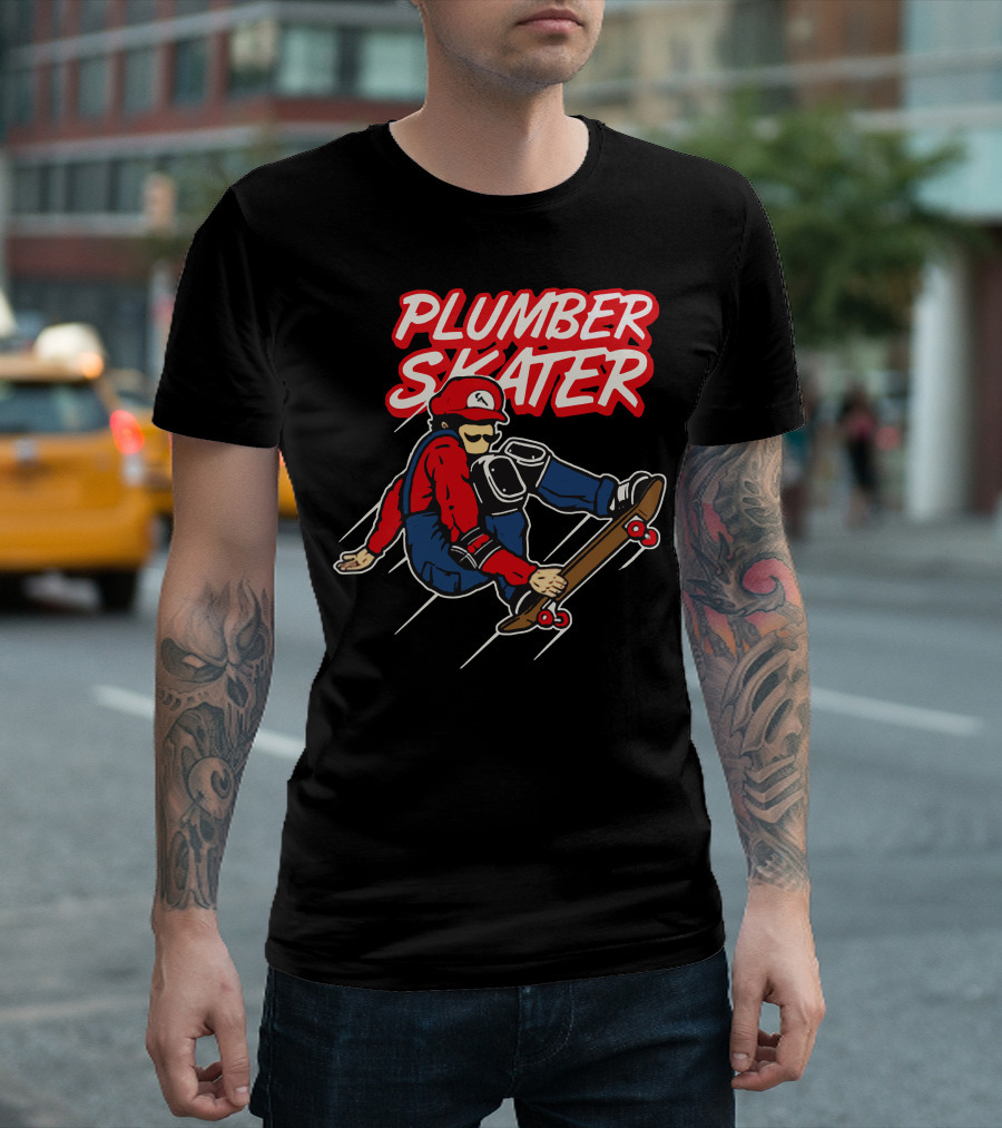 Plumber Skater Action with Iconic Red-Capped Character on Skateboard T-Shirt