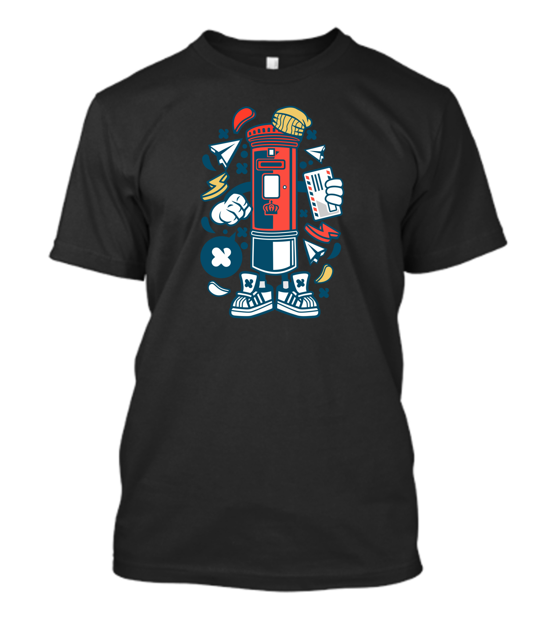Post Box Cartoon Character With Flying Paper Planes And Sneakers T-Shirt