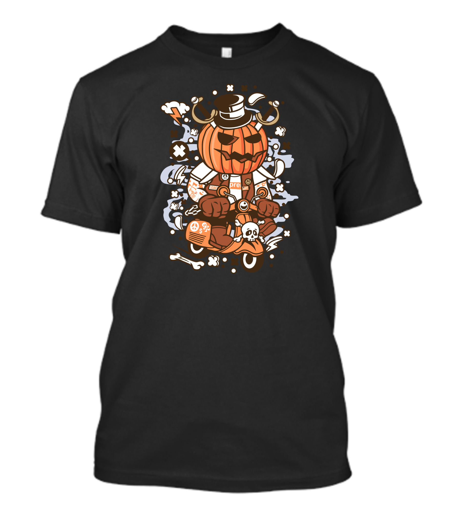 Pumpkin Jack-O'-Lantern Biker On Vintage Scooter With Pirate Themed Halloween Elements T-Shirt