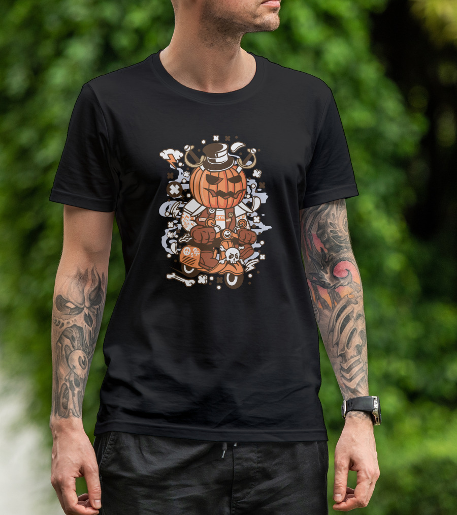Pumpkin Jack-O'-Lantern Biker On Vintage Scooter With Pirate Themed Halloween Elements T-Shirt