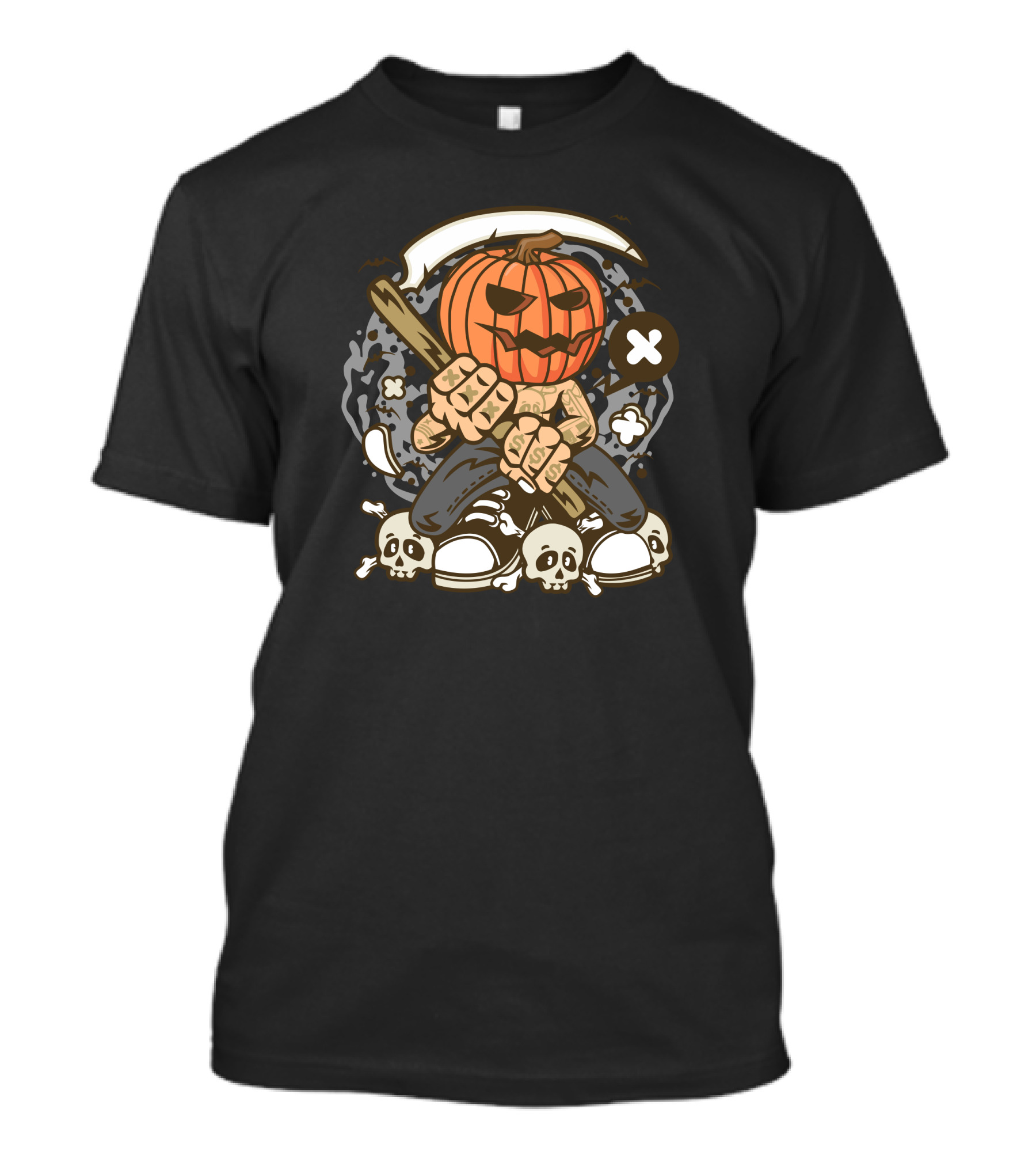 Pumpkin Reaper Skull Bat Crossbones Scythe Halloween T-Shirt