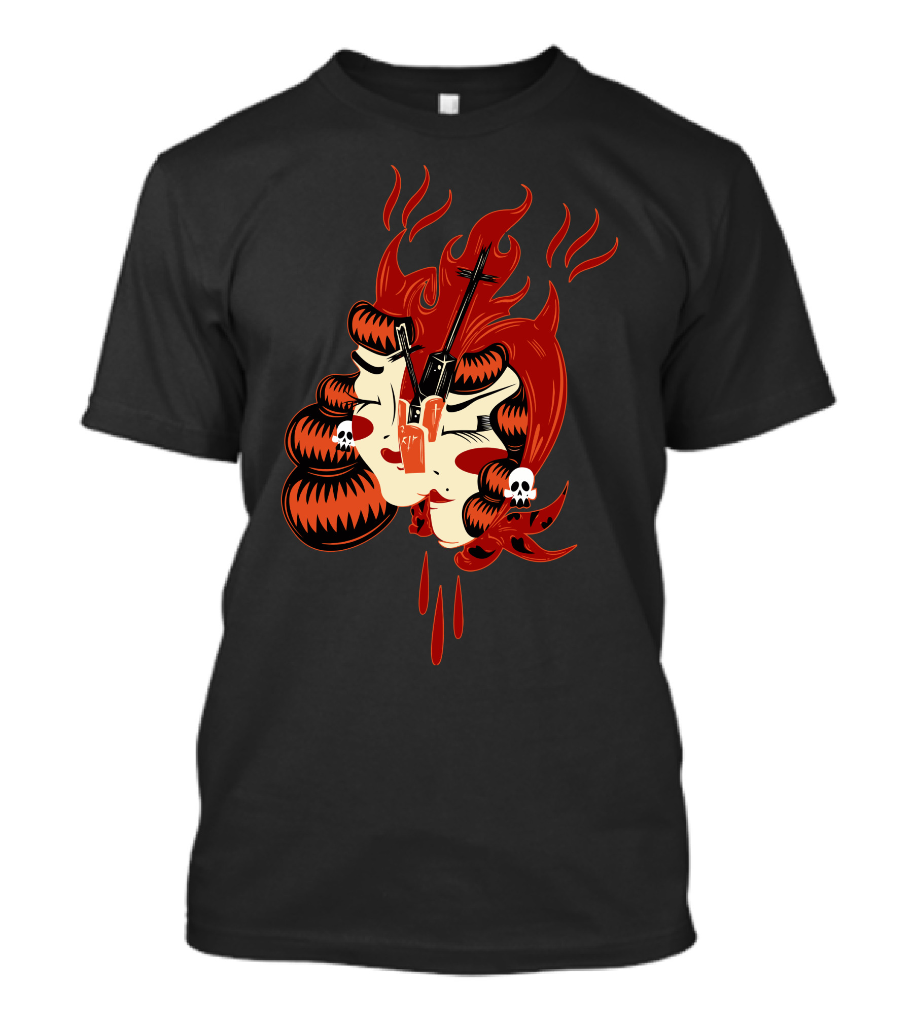 Flaming Red Hair And Skulls With Cross And Lightning Transfixed In Fiery Mask T-Shirt