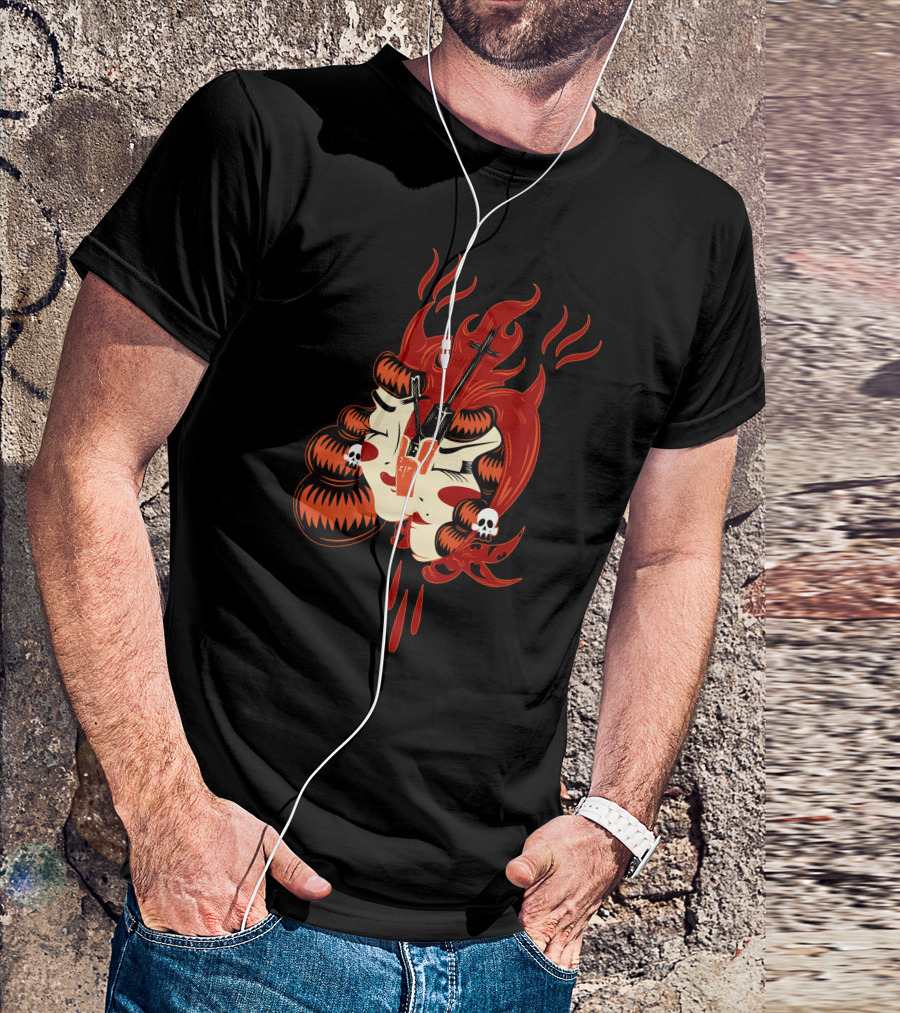 Flaming Red Hair And Skulls With Cross And Lightning Transfixed In Fiery Mask T-Shirt