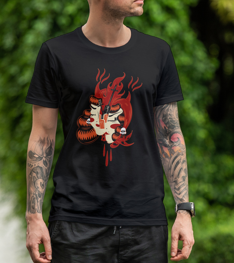 Flaming Red Hair And Skulls With Cross And Lightning Transfixed In Fiery Mask T-Shirt