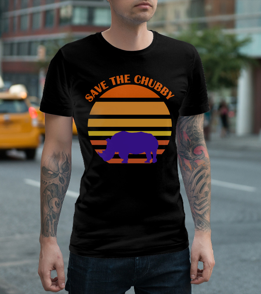 Save The Chubby Sunset Rhino Conservation Retro Stripe T-Shirt